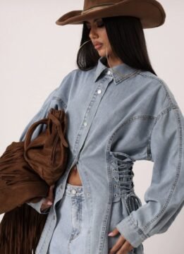 Denim shirt with cinched waist